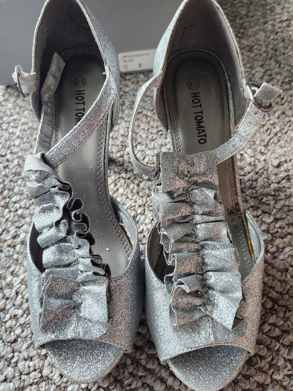Hot Tomato Silver Glitter Ruffle Peep-Toe Heels